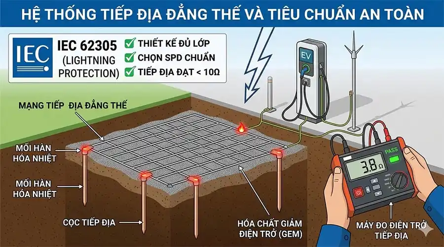 Thi công hệ thống tiếp địa với lưới, cọc đồng, mối hàn hóa nhiệt và kiểm tra điện trở đạt chuẩn IEC 62305 cho hạ tầng xe điện.