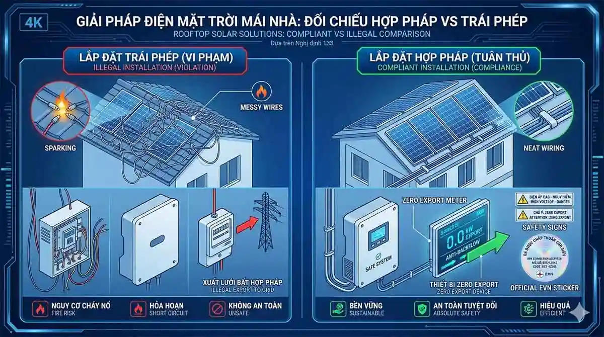 Sơ đồ phân biệt lắp điện mặt trời đúng luật và sai luật theo Nghị định 133/2026
