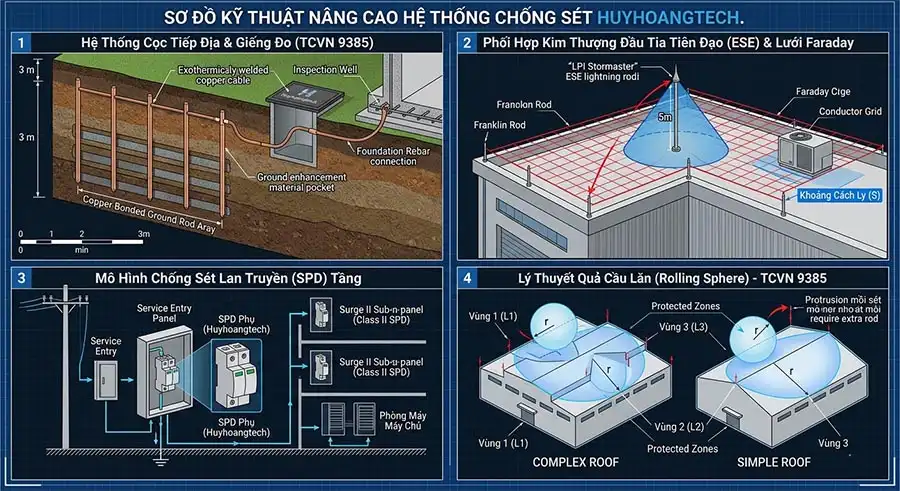 Phạm Vi Bảo Vệ Của Cột Chống Sét – Cách Tính Chuẩn 2026 1 He thong chong set Huyhoangtech