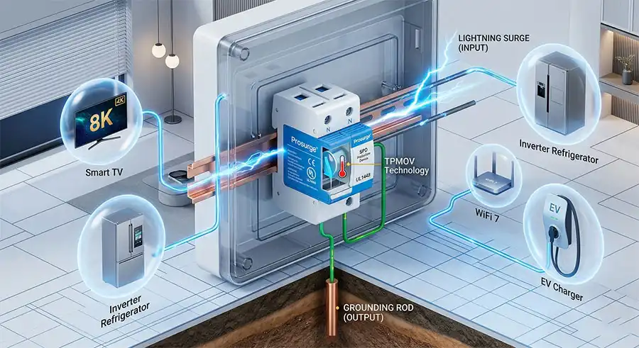 Công nghệ TPMOV độc quyền của Prosurge giúp ngăn chặn xung sét và nguy cơ hỏa hoạn trong 0.5 giây.