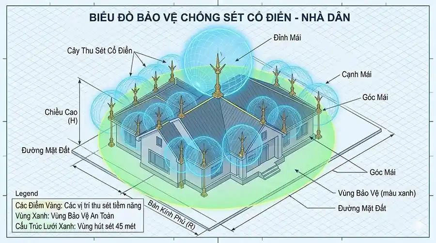 Phạm Vi Bảo Vệ Của Cột Chống Sét – Cách Tính Chuẩn 2026 3 Mô phỏng không gian vùng bảo vệ hình nón của cột chống sét Franklin theo TCVN 9385:2012