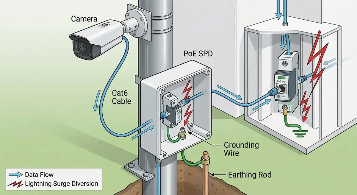 Sơ đồ cận cảnh (schematic view) hướng dẫn lắp đặt thiết bị chống sét (SPD) RJ45 cho một Camera IP PoE lắp trên cột ngoài trời