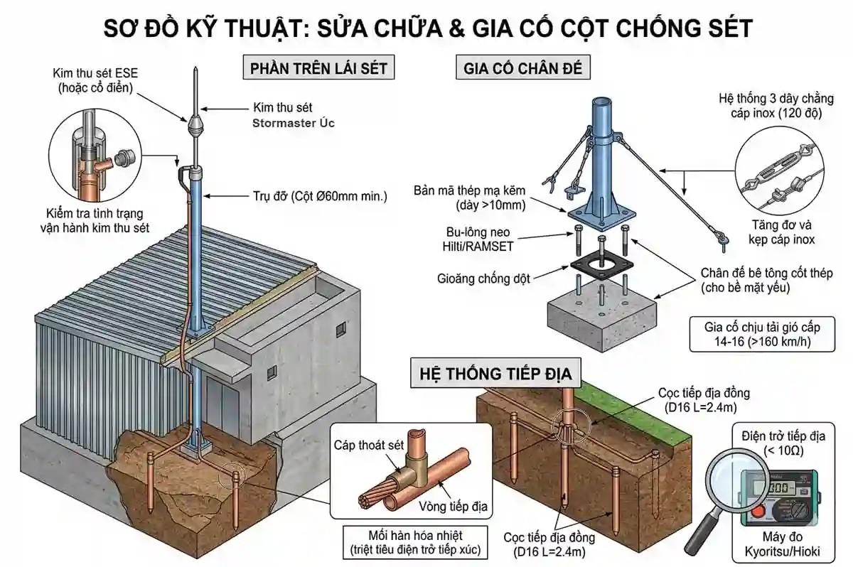 sơ đồ kỹ thuật chi tiết mà tôi đã thiết kế để minh họa toàn diện quy trình sửa chữa và gia cố hệ thống cột chống sét bị gãy đổ