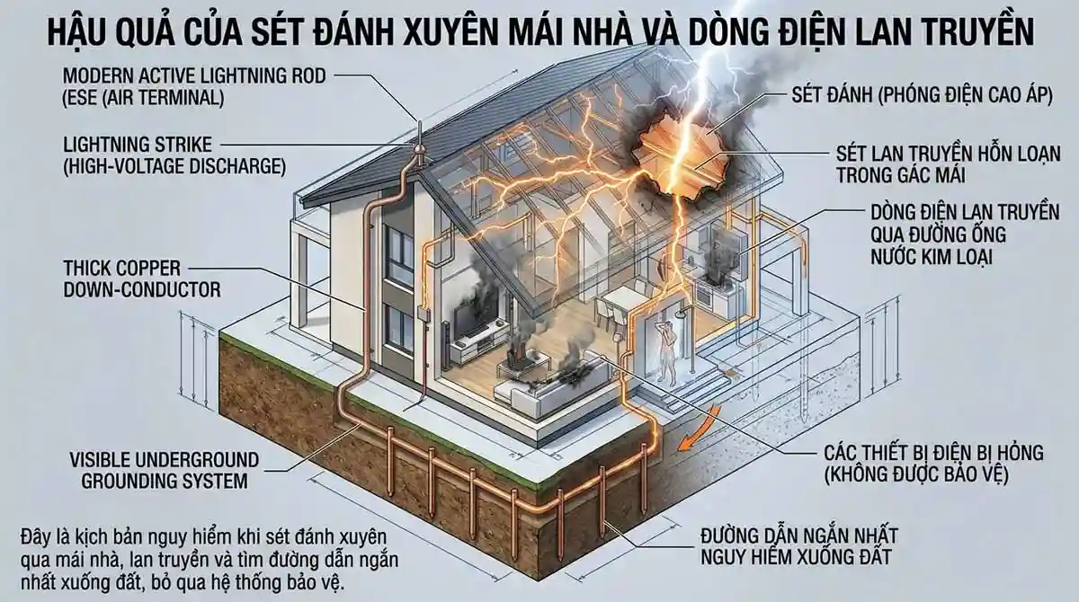 Sét Có Thể Đánh Xuyên Mái Nhà Không? Cảnh Báo Từ Chuyên Gia 2026 1 Hau qua cua set danh xuyen mai nha