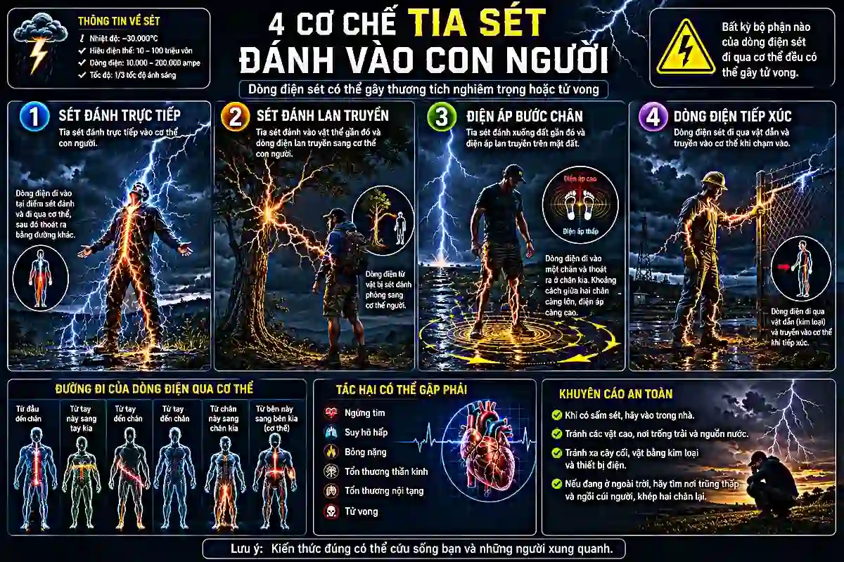 Xác Suất Bị Sét Đánh Là Bao Nhiêu? Con Số Thực Tế & Cách Phòng Tránh Hiệu Quả 3 So do 4 co che set danh trung nguoi va hien tuong dien ap buoc