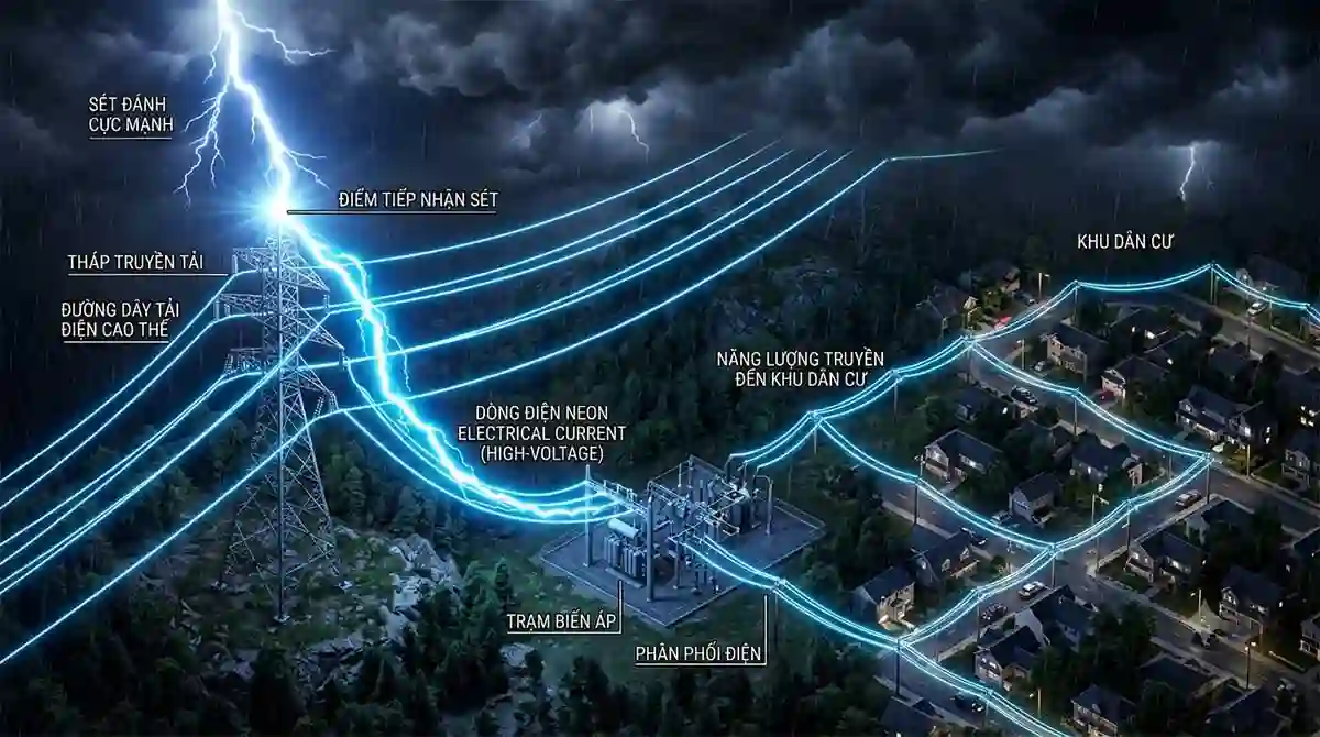 Tại Sao Sét Đánh Lại Mất Điện? Nguyên Nhân & Cách Chống Sét Hiệu Quả 2026 1 Minh hoa 3D hien tuong set danh vao duong day dien gay qua ap lan truyen