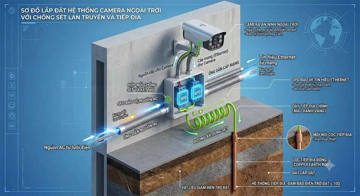 Sơ đồ nguyên lý chống sét camera ngoài trời chi tiết bằng thiết bị SPD và hệ thống tiếp địa