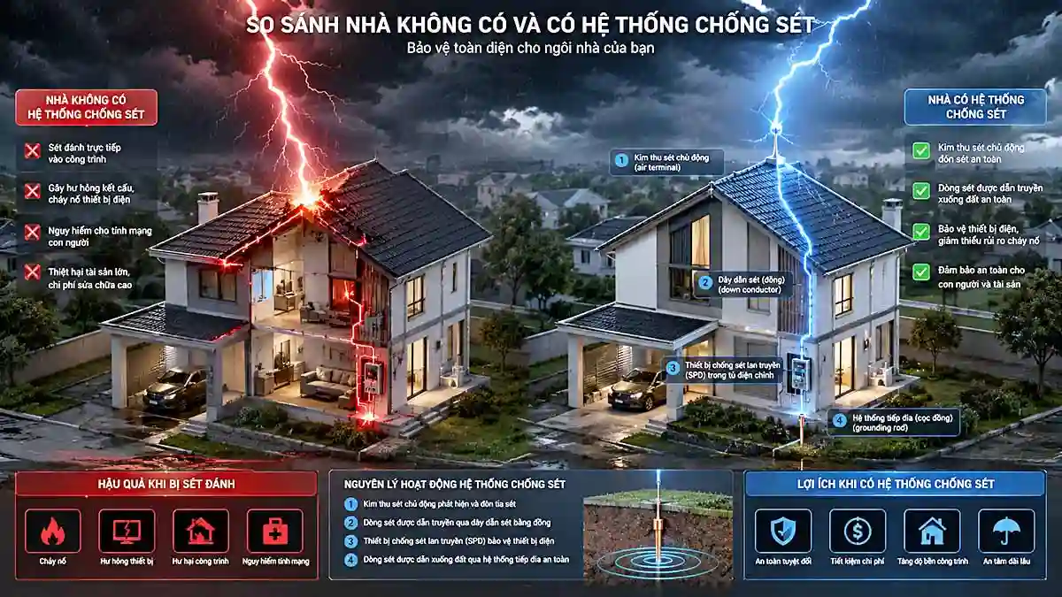 Tỉ Lệ Sét Đánh Trúng Nhà Là Bao Nhiêu? Cách Tính & Giải Pháp 2026 1 he thong chong set bao ve nha o so voi nha khong lap dat thiet bi chong set