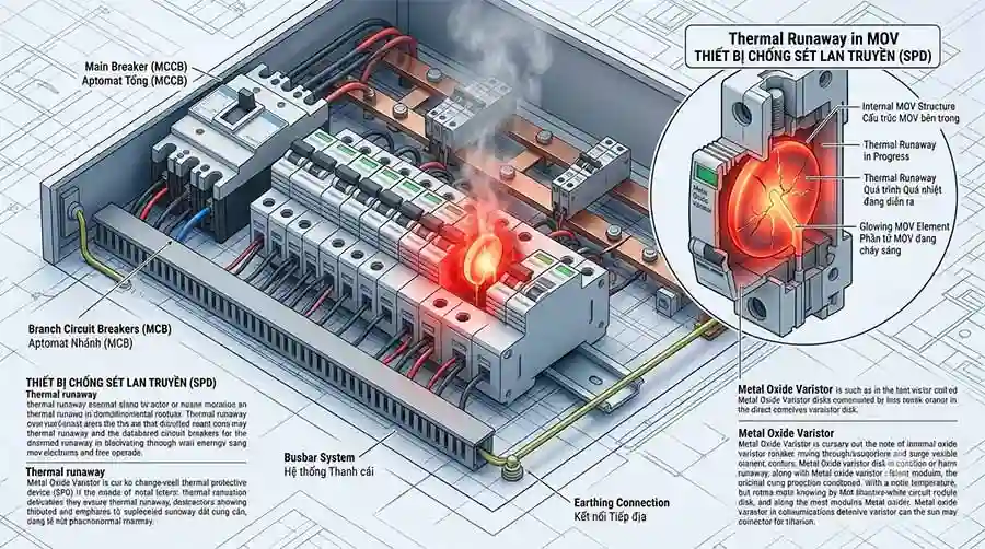 SPD Cháy, Nổ, Báo Đỏ, Nhảy CB: 7 Nguyên Nhân & Cách Xử Lý 1 hien tuong thoat nhiet thermal runaway lam thiet bi chong set SPD boc chay