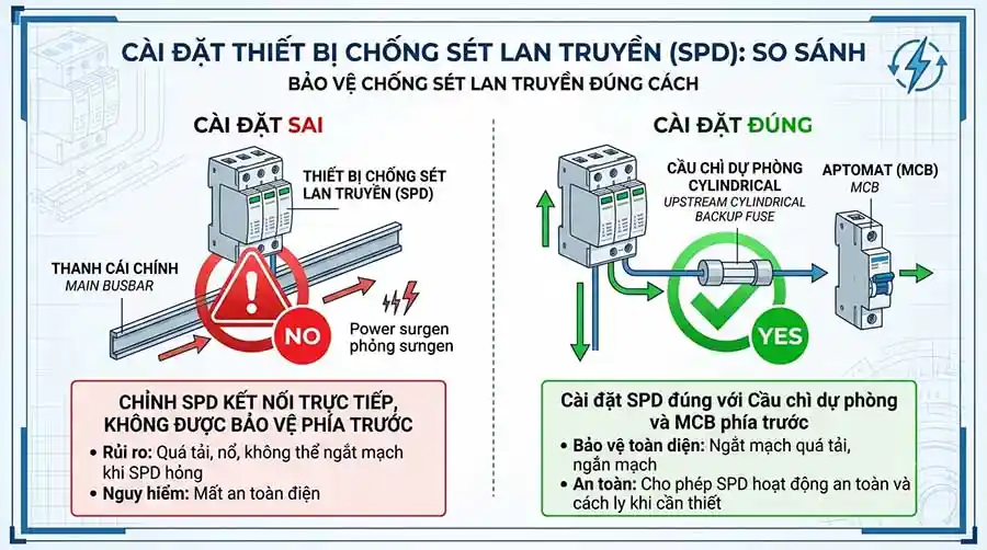 SPD Cháy, Nổ, Báo Đỏ, Nhảy CB: 7 Nguyên Nhân & Cách Xử Lý 3 o do phoi hop thiet bi bao ve du phong cau chi va MCB cho thiet bi chong set SPD