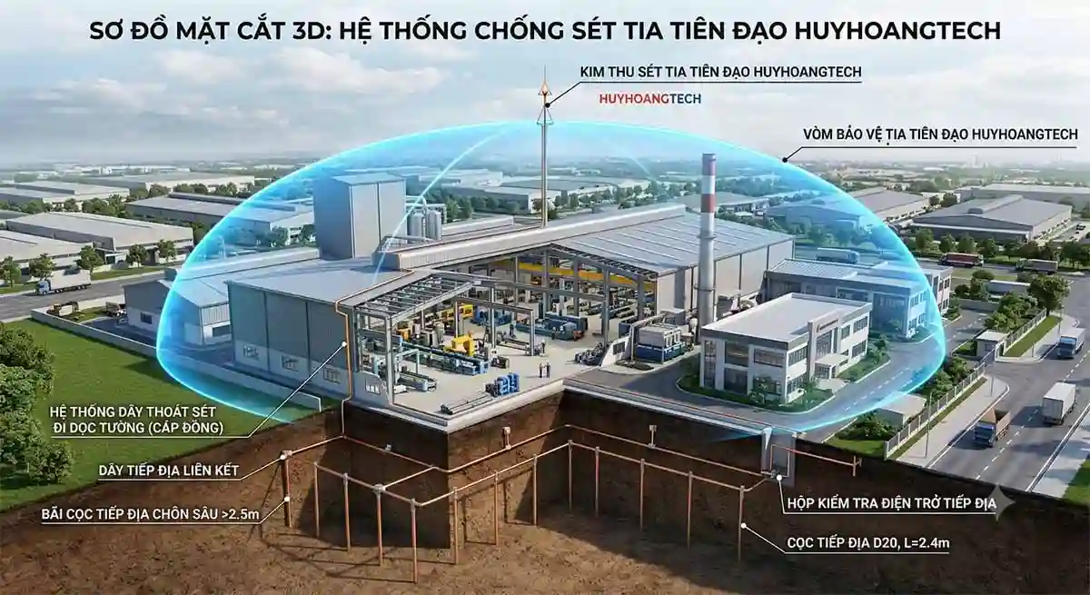 Kinh Nghiệm Chống Sét Cho Nhà Máy, Sơ đồ mặt cắt 3D của một nhà máy công nghiệp hiện đại đang được bảo vệ bởi hệ thống chống sét tia tiên đạo của Huyhoangtech. Hình ảnh thể hiện rõ bán kính bảo vệ dạng hình vòm bao phủ toàn bộ nhà máy, hệ thống dây thoát sét đi dọc tường và bãi cọc tiếp địa chôn sâu dưới lòng đất.