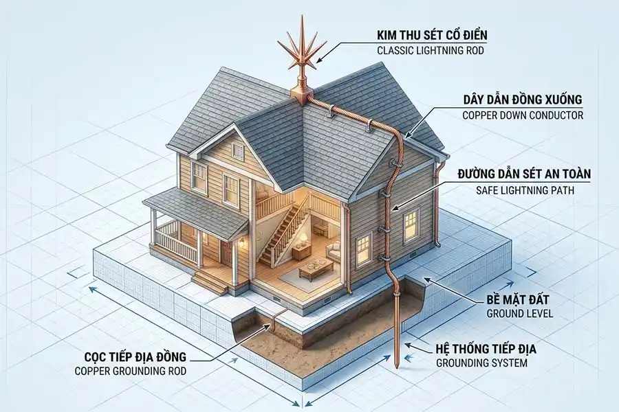 Cách Chống Sét Hiệu Quả Ít Tốn Kém Nhất, Sơ đồ hệ thống chống sét trực tiếp giá rẻ bằng kim thu sét cổ điển cho nhà cấp 4